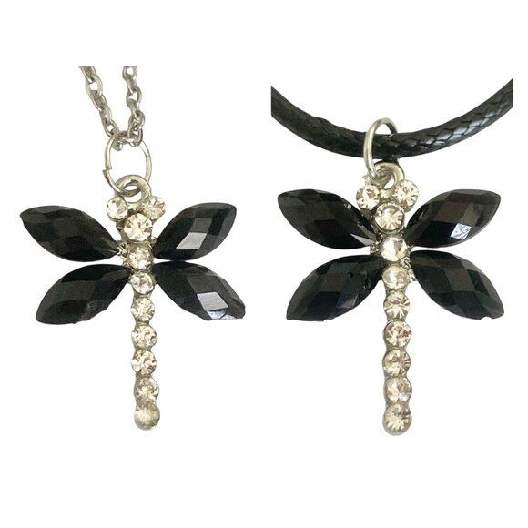 Vintage Dragonfly Necklace Insect Crystal Silver Plated Black Cord Stainless 18" - Picture 1 of 10